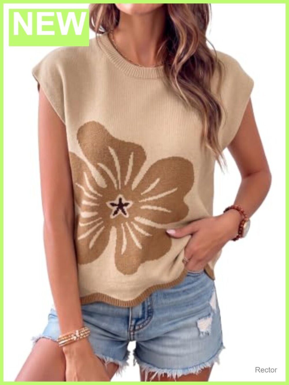 Womens Floral Sweater Vest Cap Sleeve Knit Top